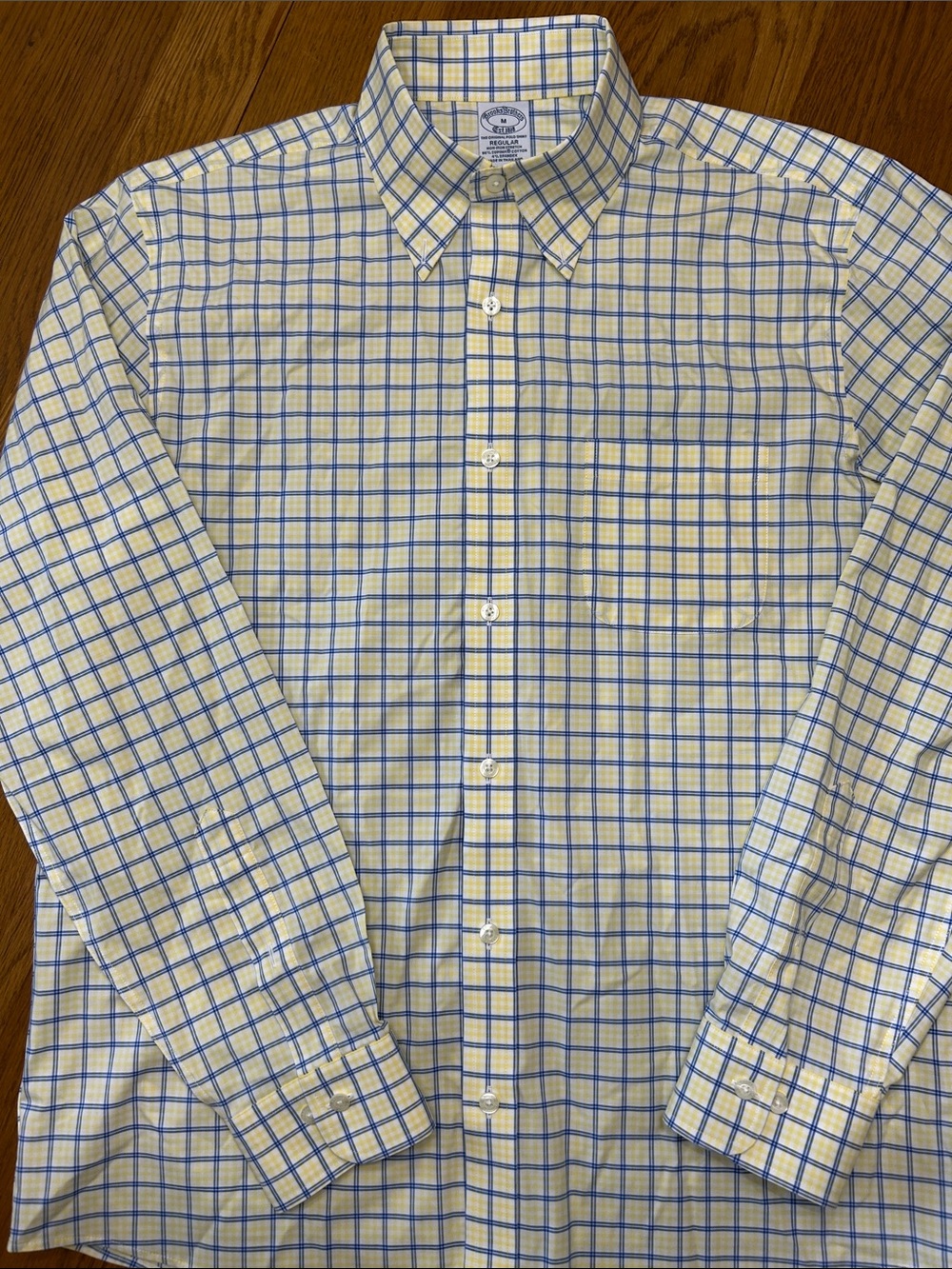 Brooks Brothers Yellow and Blue Check Dress Shirt Mens Medium